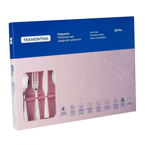Faqueiro 36 peças laguna em Aço Inox Tramontina com Facas para Churrasco Acabamento em Brilho